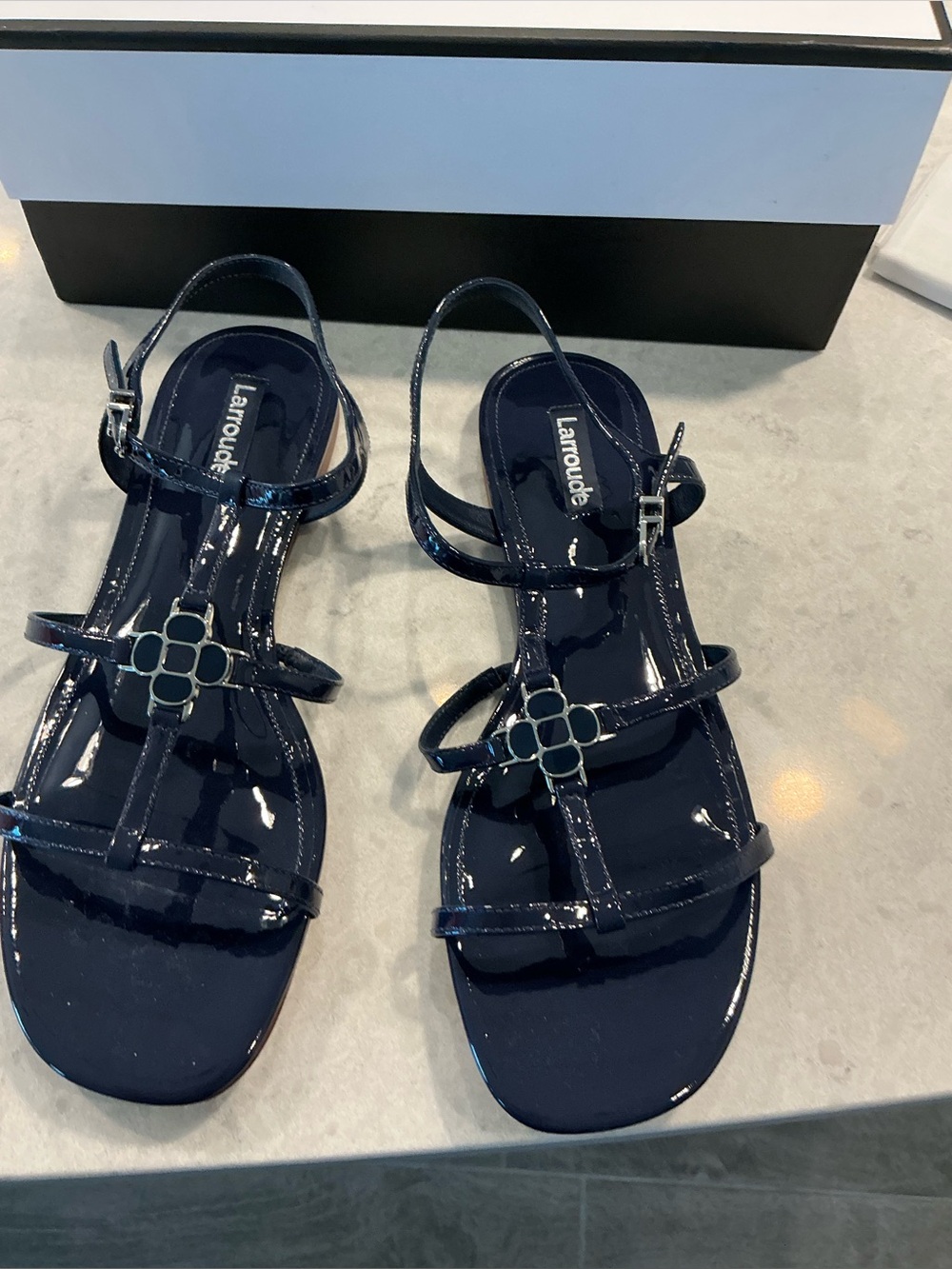 Larroude Navy Patent Strappy Flat Sandals - Women's